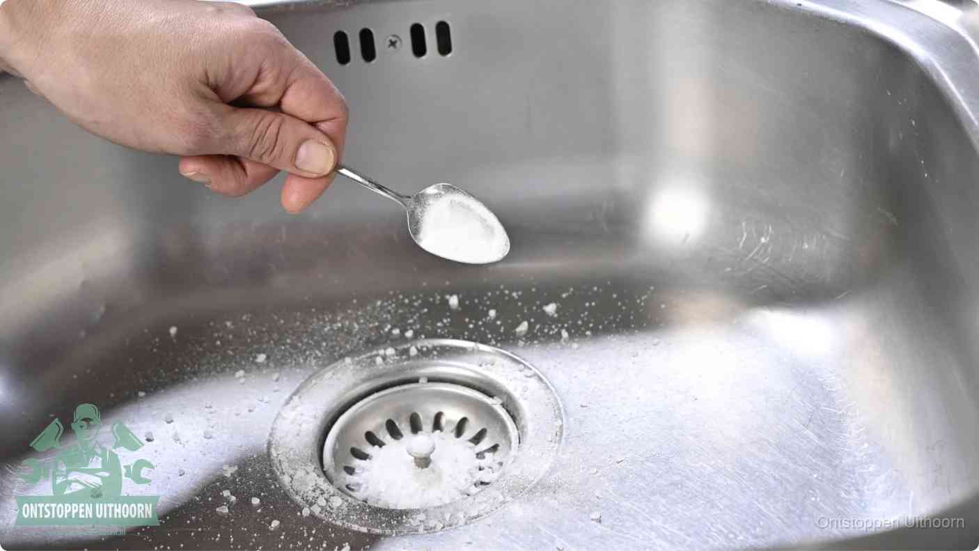 Een hand strooit met een lepel soda in de afvoer van een roestvrijstalen spoelbak, de soda en azijn huismiddel-methode om de afvoer te ontstoppen in Uithoorn