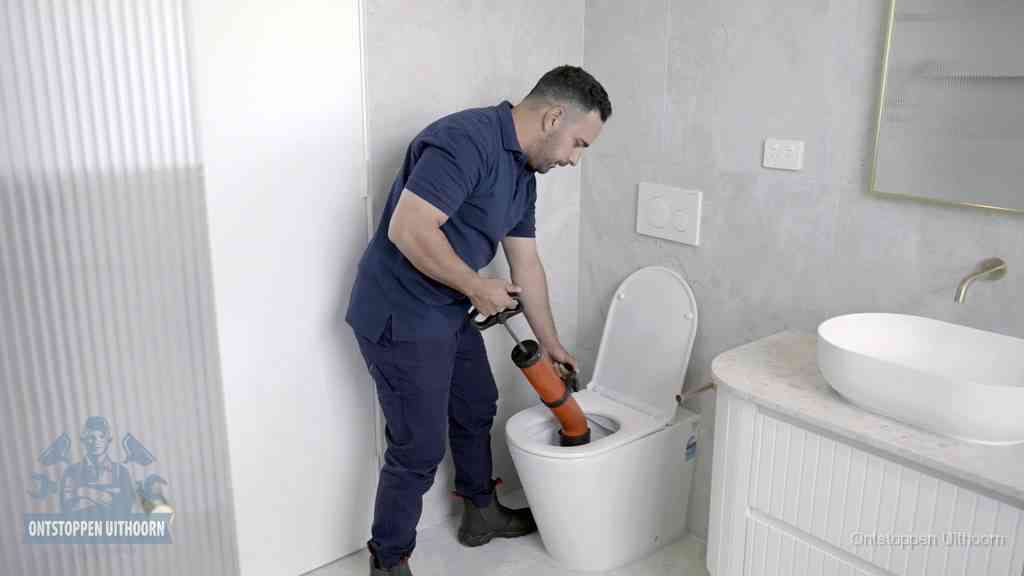 Een monteur buigt over een wandcloset en duwt met de hand een persluchtontstopper in de toiletpot om de verstopping handmatig los te maken in Uithoorn