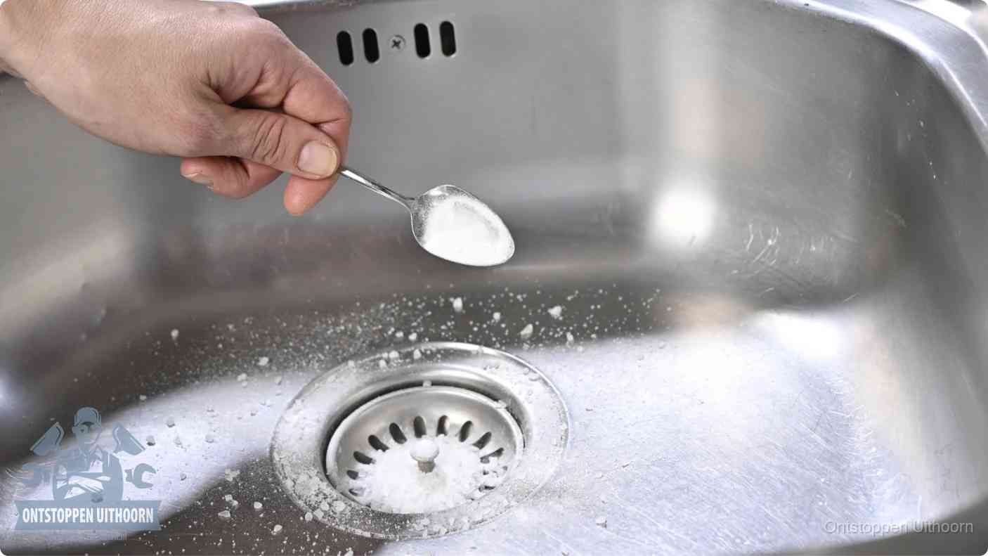 Een hand strooit met een lepel soda in een afvoerputje, de soda en azijn huismiddel-methode om de wc te ontstoppen in Uithoorn