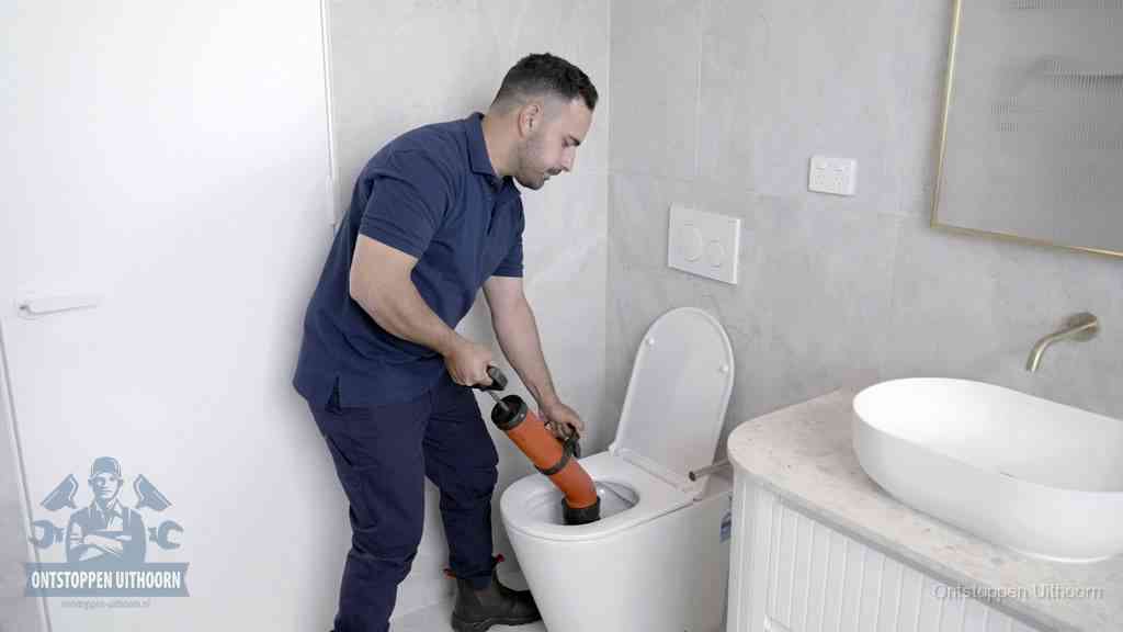 Een monteur gebruikt een handmatige perspomp (toiletontstopper) op een wandcloset tijdens het professioneel wc ontstoppen in Uithoorn
