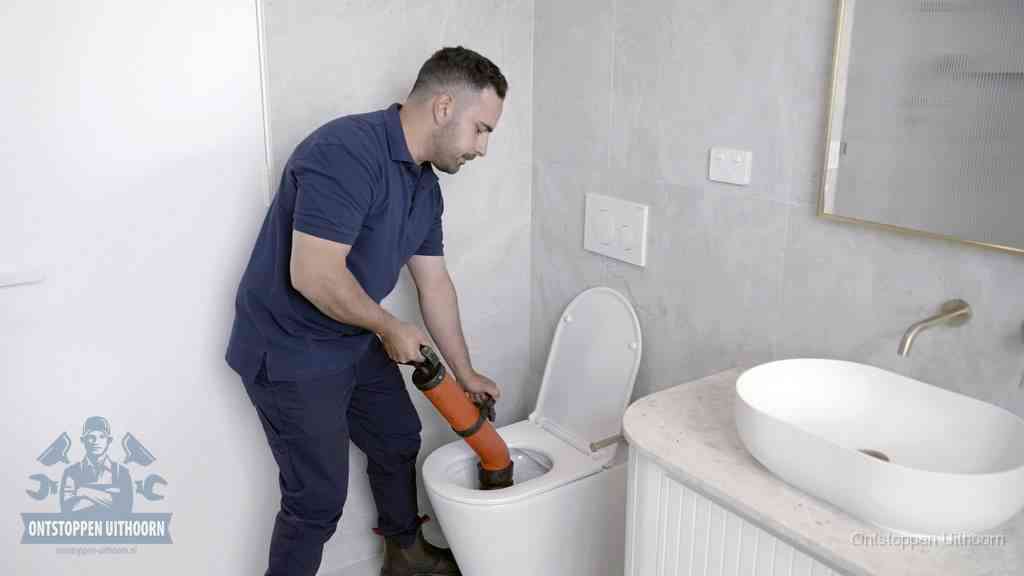 Een man gebruikt een handmatige luchtdruk-ontstopper in een modern betegeld toilet om zelf de wc te ontstoppen in Uithoorn
